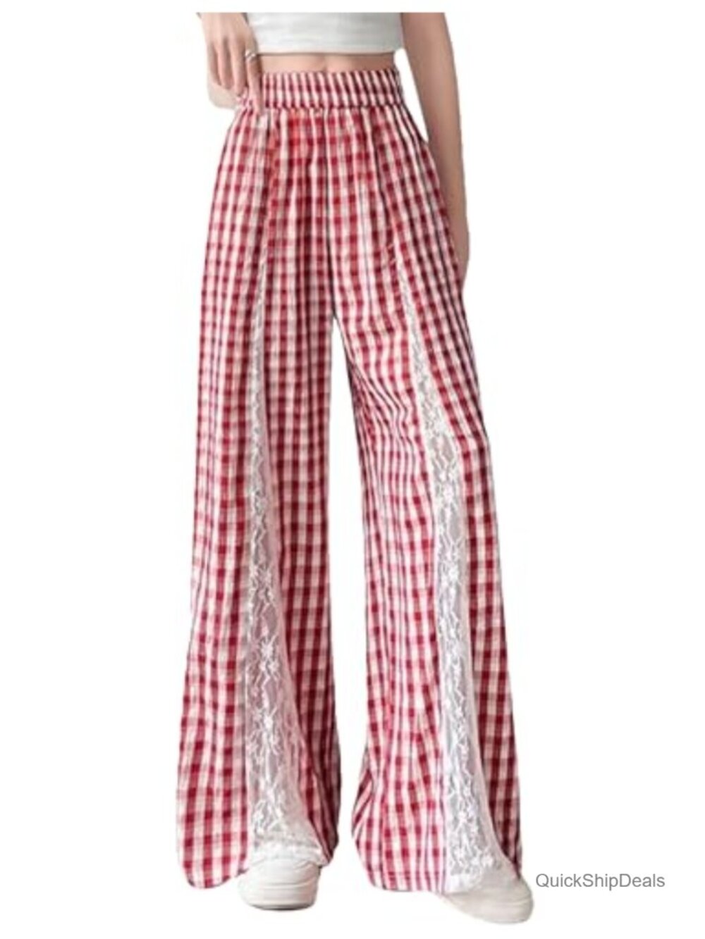 Womens Plaid Wide Leg Pants Lace Patchwork Palazzo Gingham Lounge Pants